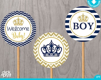 Prince Baby Shower Navy Blue and Gold Glitter Print Yourself Boy Baby Shower Centerpieces, Prince Baby Shower Decoration