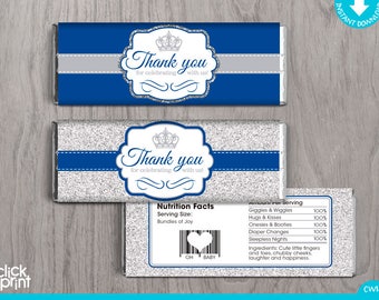 Prince Baby Shower Royal Blue Silver Glitter Print Yourself  Candy Bar Wrappers, Printable Candy Wrappers, Prince Baby Shower