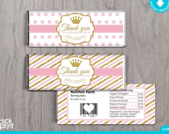 Baby Shower Pink and Gold Print Yourself Candy Bar Wrappers, Printable Candy Wrappers, Printable Chocolate Wrappers, Princess Baby Shower