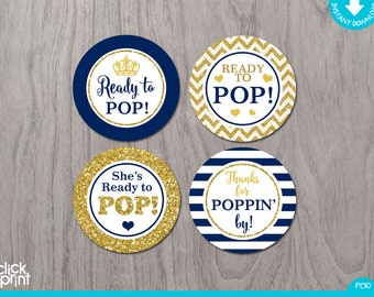 Prince Baby Shower Navy Blue and Gold Glitter Print Yourself Cupcake Toppers or Stickers Ready to Pop
