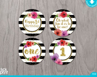Black, White and Gold with Flowers One Year Print Yourself Cupcake Toppers, Printable Party Circles, 1st Birthday Cupcake toppers