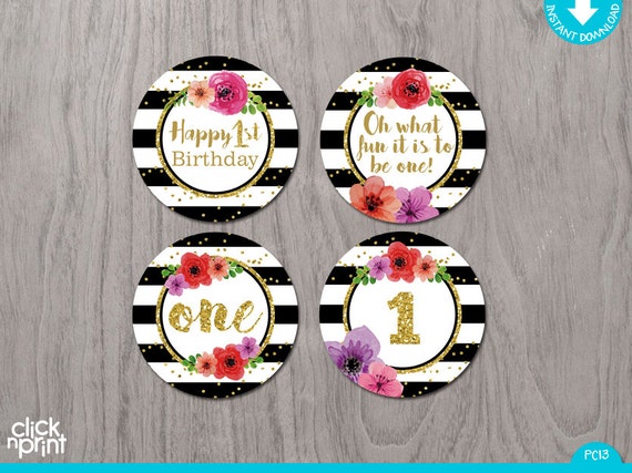 Black, White and Gold with Flowers One Year Print Yourself Cupcake Toppers, Printable Party Circles, 1st Birthday Cupcake toppers Il_570xn