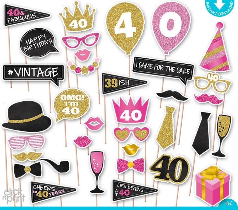 40th Birthday Print Yourself Photo Booth Props Forty Birthday Printable Photo Props Set Woman 40 Birthday Photo Booth props You Print image 1