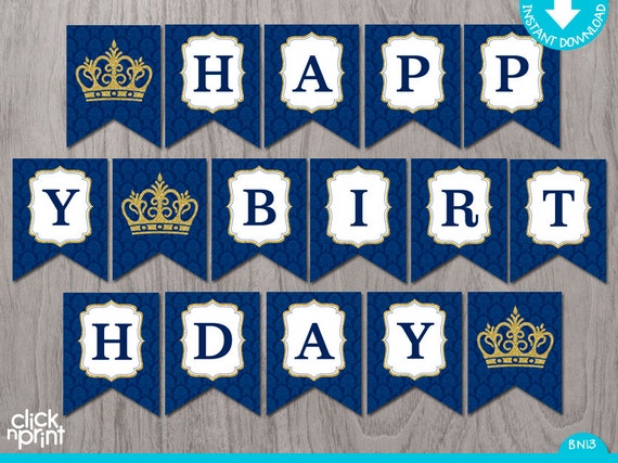 Prince Birthday Navy Blue and Gold Glitter Print Youself Banner, Printable Prince Birthday Banner Il_570xn