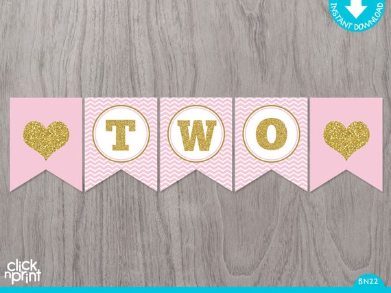 Pink and Gold Printable TWO year old Birthday Banner, Printable Glitter Banner, Pink and Gold Printable Second Birthday Banner Il_570xn