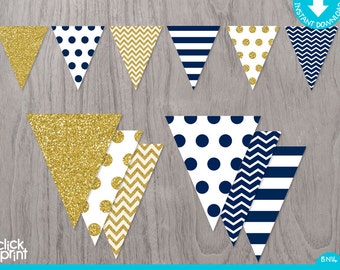 Prince Baby Shower or Birthday Banner Navy Blue and Gold Glitter Print Yourself, Printable Navy Blue and Gold Pennant, High Chair Banner