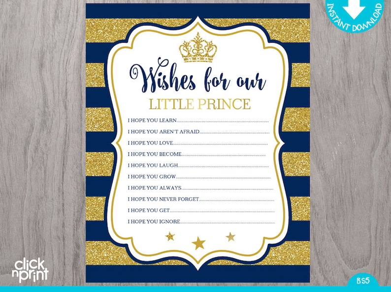 Prince Baby Shower Navy Blue Gold Glitter Print Yourself Party Sign, Prince Baby Shower Sign image 1