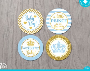 Prince Baby Shower Baby Blue and Gold Glitter Print Yourself Cupcake Toppers or Stickers,  Baby Shower Printables BBG