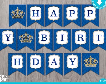 Prince Birthday Royal Blue and Gold Glitter Print Youself Banner, Printable Prince Birthday Banner