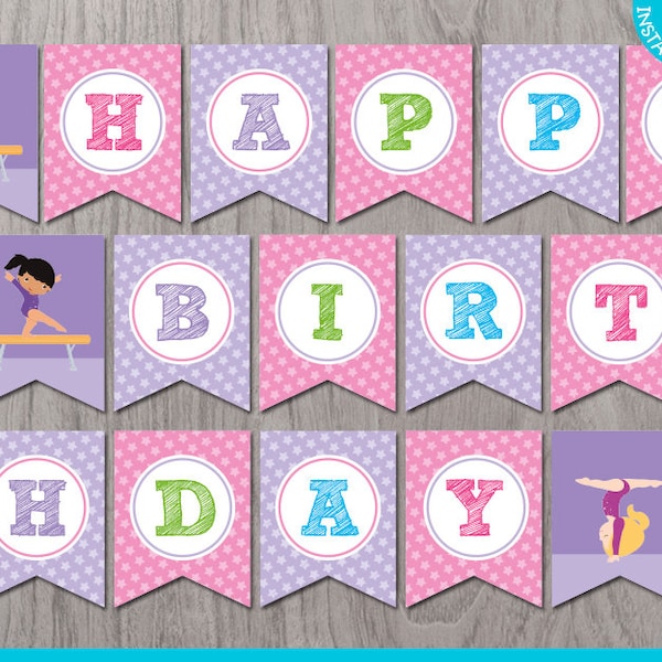 Gymnastic Party Banner Print Yourself, Gymnastic Birthday Decoration, Gymnastic Party Pennant DIY, Gymnastic Birthday, Instant Download