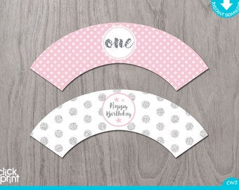 Pink and Silver Print Yourself Girl 1st Birthday Cupcake Wrappers, Pink and Silver Girl First Birthday Cupcake Wrappers