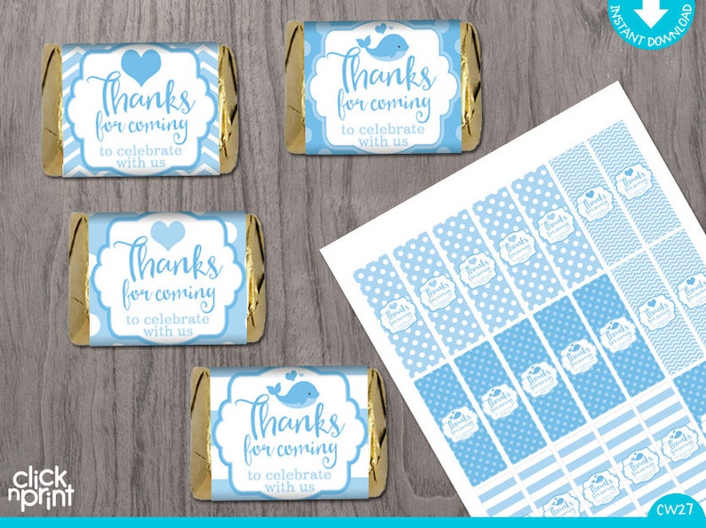 Whale Baby Shower, Mini Candy Wrappers, Baby Blue Candy Wrappers, Nuggets Wrapper, Whale Baby Shower Printables, Boy Baby Shower image 1