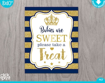 Prince Baby Shower Navy Blue Gold Glitter Print Yourself Party Sign, Prince Baby Shower Sign