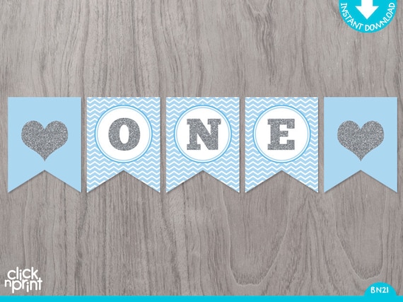 Baby Blue And Silver Printable One Year Old Birthday Banner