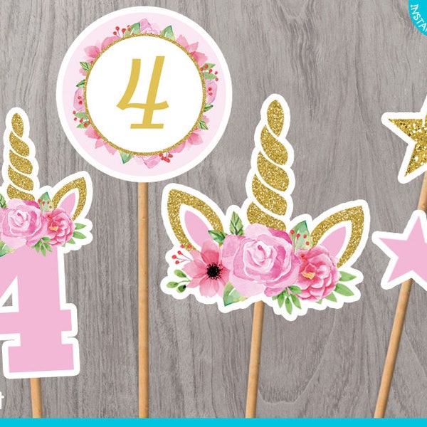 Unicorn 4th Birthday Centerpieces Print Yourself, Printable Unicorn Cake Toppers, Unicorn Party Decoration, Unicorn Birthday Centerpieces