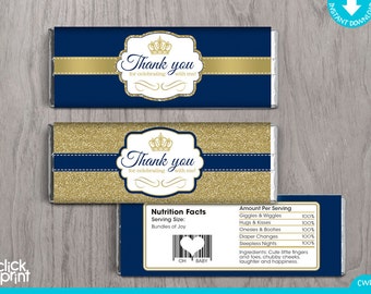 Prince Baby Shower Navy Blue Gold Glitter Print Yourself  Candy Bar Wrappers, Printable Candy Wrappers, Prince Baby Shower