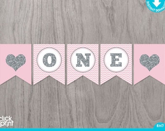 Pink and Silver Printable ONE year old Birthday Banner, Printable Glitter Banner, Pink and Silver Printable First Birthday Banner