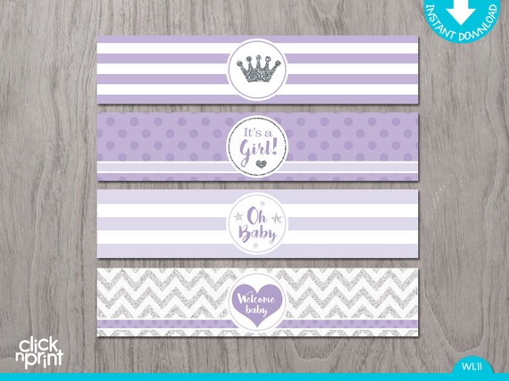 Lilac and Silver Glitter Print Yourself Water Bottle Labels, Girl Baby Shower Bottle Labels, Baby Shower Princess Water Bottle Labels Il_570xn