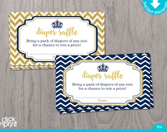 Diaper Raffle Ticket Navy Blue and Gold Glitter Print Yourself Baby Shower, Diaper Raffle Card, Baby Shower Games