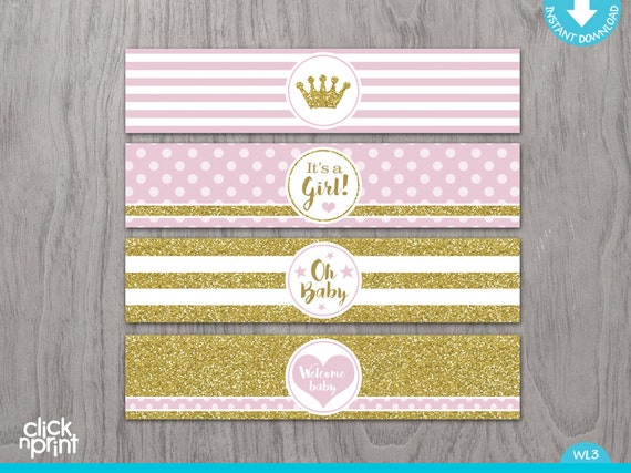 Pink and Gold Baby Shower Print Yourself Water Bottle Labels, Girl Baby Shower Bottle Labels, Baby Shower Princess Water Bottle Labels Il_570xn