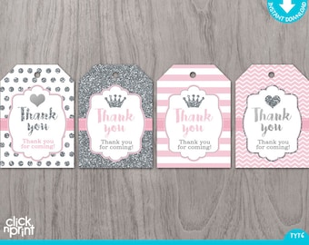 Pink and Silver Print Yourself Thank You Tags, Printable Favor Tags, Glitter Party Decoration, Baby Princess Thank You Tags