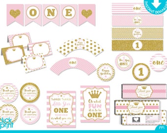 Pink and Gold Glitter Print Yourself Princess One Year Party Decorations, First Year Printable Party Package, One Year Birthday Decoration