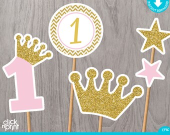 Pink and Gold Glitter 1st Birthday Centerpieces Print Yourself, Printable Pink and Gold Birthday, pink and Gold Birthday Centerpieces