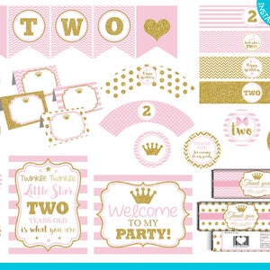 Pink and Gold Glitter Print Yourself TWO Years Party Decorations, Pink and Gold Princess Party Package, Princess TWO Years Old Decoration