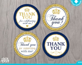 Navy Blue and Gold Glitter Baby Shower or Birthday Print Yourself Thank You Tags, Baby Shower or Birthday DIY Thank You Tags