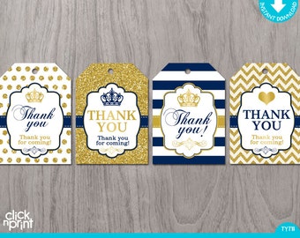 Prince Baby Shower or Birthday Navy Blue Gold Glitter Print Yourself Thank You Tags, Baby Prince Thank You Tags