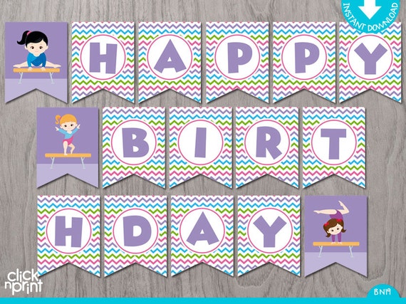 Gymnastic Party Banner Print Yourself, Gymnastic Birthday Decoration, Gymnastic Party Pennant DIY, Gymnastic Birthday, Instant Download Il_570xn