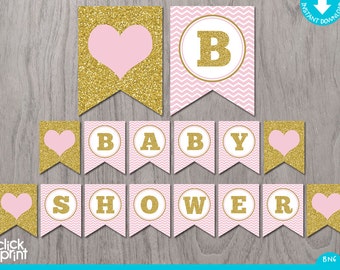 Pink and Gold Printable Baby Shower Girl Banner, Printable Baby Shower Banner, Pink and Gold Printable Pennant Bunting