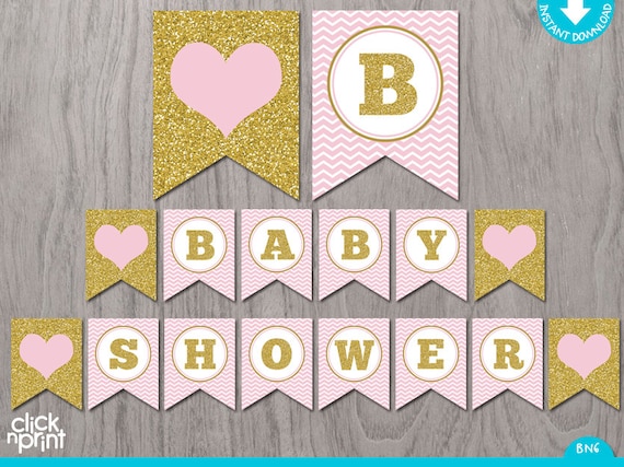 Pink and Gold Printable Baby Shower Girl Banner, Printable Baby Shower Banner, Pink and Gold Printable Pennant Bunting Il_570xn
