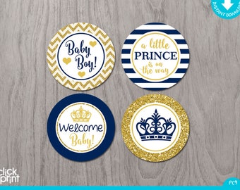 Prince Baby Shower Navy Blue and Gold Glitter Print Yourself Cupcake Toppers or Stickers,  Baby Shower Printables