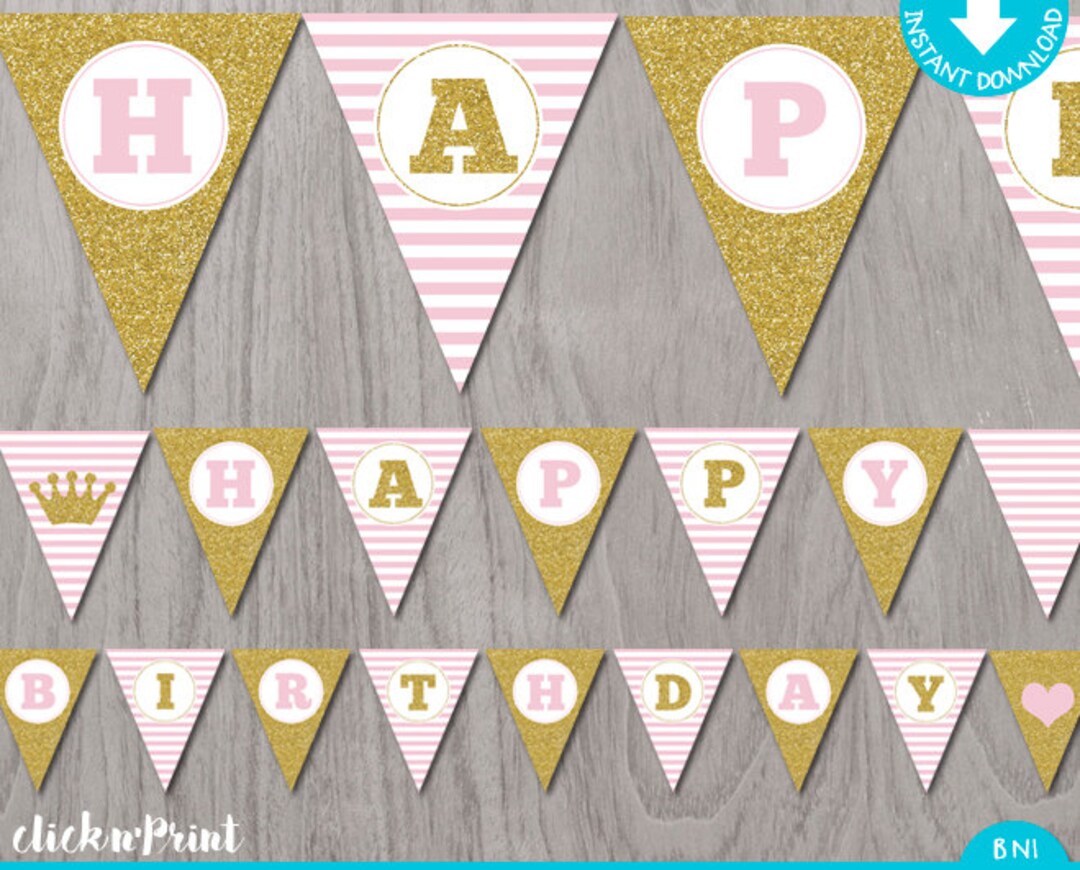 Pink and Gold Printable Birthday Banner, Pink and Gold Printable ...