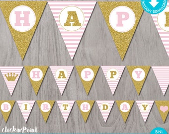 Pink and Gold Printable Birthday Banner, Pink and Gold Printable Glitter Bunting Banner, Printable Pennant Banner