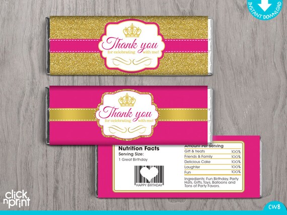 Hot Pink and Gold Print Yourself Candy Bar Wrappers, Printable Candy Wrappers, Printable Chocolate Wrappers, Princess Birthday Wrappers Il_570xn