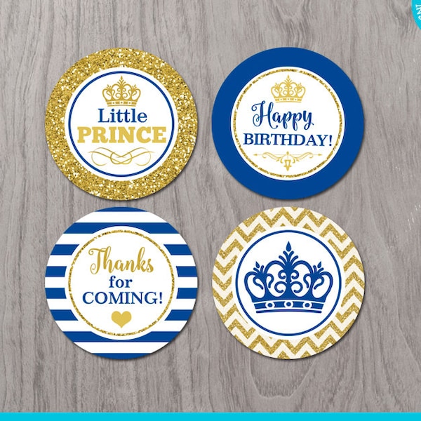 Prince Birthday Royal Blue and Gold Glitter Print Yourself Cupcake Toppers or Stickers, Little Prince Birthday