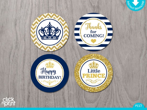 Prince Birthday Navy Blue and Gold Glitter Print Yourself Cupcake Toppers or Stickers, Little Prince Birthday Il_570xn