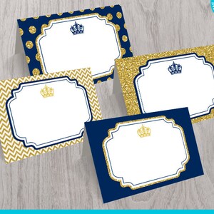 Prince Baby Shower or Birthday Navy Blue Gold Glitter Print Yourself Food Tent Cards, Printable Prince Place Cards, Prince Party Decoration
