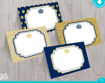Prince Baby Shower or Birthday Navy Blue Gold Glitter Print Yourself Food Tent Cards, Printable Prince Place Cards, Prince Party Decoration