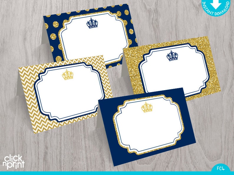 Prince Baby Shower or Birthday Navy Blue Gold Glitter Print Yourself Food Tent Cards, Printable Prince Place Cards, Prince Party Decoration image 1