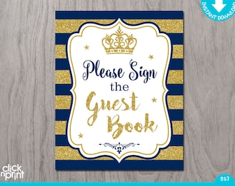 Prince Baby Shower Navy Blue Gold Glitter Print Yourself Sign the Guest Book, Prince Baby Shower Decoration