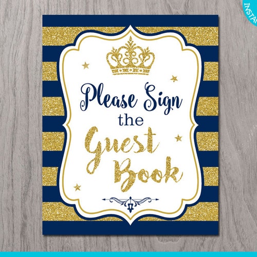 Prince Baby Shower Navy Blue Gold Glitter Print Yourself Water Etsy