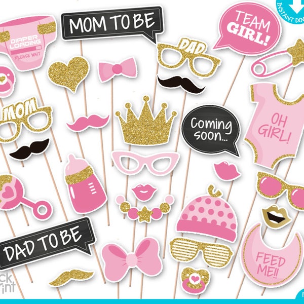 Pink and Gold Baby Shower Print Yourself Photo Booth Props - Baby Shower Printable Photo Props Set - It's a Girl Photobooth Props