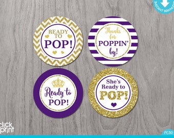 Purple and Gold Glitter Print Yourself Ready to Pop Baby Shower Cupcake Toppers or Stickers, Ready to Pop Stickers, Baby Shower Decoration