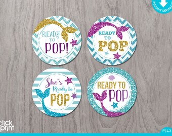 Mermaid Ready to Pop Print Yourself Girl Baby Shower Cupcake Toppers or Stickers, Ready to Pop Circles, Girl Baby Shower, Glitter Mermaid