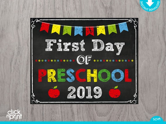 First Day of Preschool 2019 Sign Instant Download Print Yourself, First Day of Preschool Chalkboard Sign, Printable First Day Preschool Sign Il_570xn