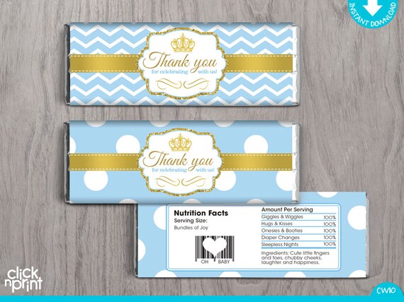 Prince Baby Shower Baby Blue and Gold Glitter Print Yourself Candy Bar Wrappers, Printable Candy Wrappers, Prince Baby Shower Il_570xn