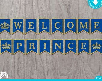 Prince Baby Shower Royal Blue Gold Glitter Print Youself Banner, Printable Baby Shower Banner Gold Glitter and Royal Blue